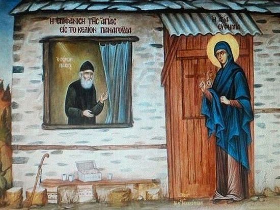 Святая Евфимия у двери кельи старца Паисия