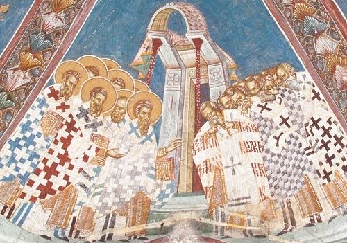 Четвертый Вселенский собор. Отцы Православной Церкви и еретики. Фреска монастыря Высокие Дечаны, Сербия. XIV в.